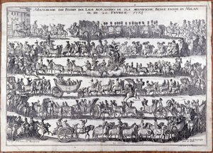 Maskerade: optog og dans af mennesker masker i anledning af karneval. Milano 20/02/1764 Indgravering af det 18. århundrede af Italian School