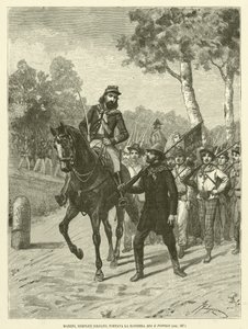 Mazzini, simpel soldat, bar Guds og folks flag (gravering) af Italian School