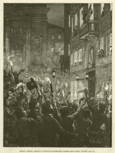 Mazzini i Milano, at høre folket fra balkonen på Albergo Della Bella Venezia (gravering) af Italian School