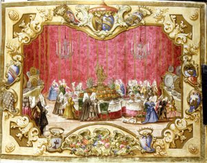 Måltid givet til ære for gonfalonieren Zambeccari for retsvæsenets engagement. 1720. Bologna, Statsarkivet. af Italian School