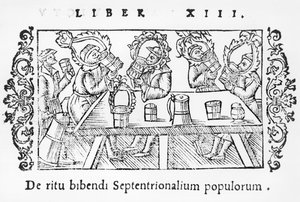Mænd drikker, illustration fra History of the Northern Nations af Olaus Magnus (1490-1558), udgivet i Rom, 1555 af Italian School