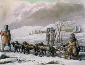 Mænd fra Kamchatska, med en hundeslæde, fra Costumi dei... af Giulio Ferrario, ca. 1820