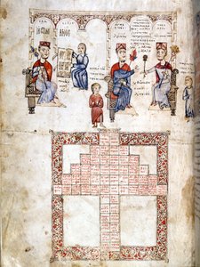 Miniatureside af” Ecloga Legum””, juridisk manuskript fra 1175. De viste tegn er fra venstre mod højre Justinian I (482 - 565), Leo I (457-474) og Konstantin I den Store (270/288 - 337) . Venedig, bibl. Marciana. af Italian School