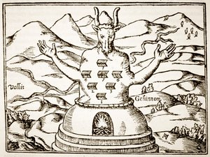 Moloch, kopi af en illustration fra Oedipus Aegyptiacus af Athanasius Kirchner, Rom 1652, brugt i en magihistorie, udgivet sidst i det 19. århundrede af Italian School
