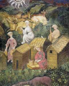 Fjeldgræsgange. Malkning af køerne og ostefremstilling (fresco) af Italian School