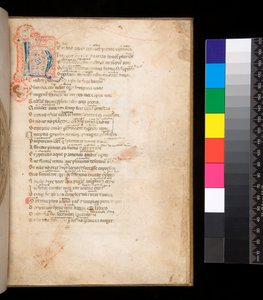 Ms 315. Horace, Ars Poetica og Epistulae, f.1r. Dekoreret initial [N] i blå og rød blefyldning og omgivende penneværk i rødt af Italian School