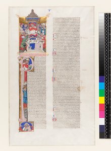 Ms 331 fol.1r Side med tekst med et historisk initialt P og en miniature, der viser en kardinal på tronen, fra Bog V i Gregor IX. Decretals, fra Bologna, ca. 1350 af Italian School