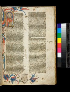 Ms 370. Orosius, Historiarum Adversum Pagans Free Seventh, f.2r. Oplyst beboet initial [P], med portræt af forfatter klædt som en biskop og delvis kant med blademotiver, Bologna eller Padova af Italian School