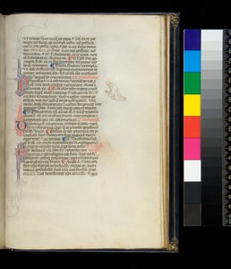 Ms 373. Pseudo-Cicero, Rhetorica ad Herennium, and other works, f.50r. Pen-flourished initials and a penwork decoration in the margin representing a kneeling barefoot monk, c.1337dani af Italian School