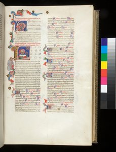 Fru 390. Seneca den Yngre, Opera og Seneca den Ældre, Excerpta controversiarum, f.95r. Beboet initial [L], med portræt af Seneca pegende på Lykkehjulet og på en nedslået mandsfigur i grænsen af Italian School
