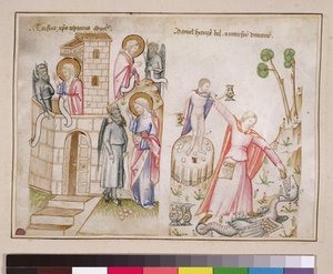 Ms 43-1950 (5v) Christs Temptation, Daniel ødelægger Bel, fra Speculum Humanae Salvationis af Italian School