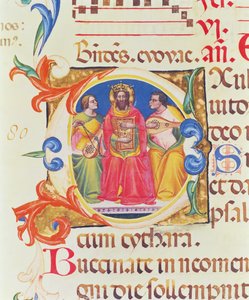 Frk. 559 f.155v Historikert initial O, der forestiller kong David og to engle, fra Psalter of Santa Maria Novella, belyst af Paolo Soldini (fl.1342-86) 1379 af Italian School