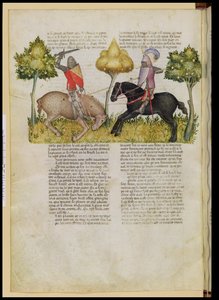 Fr 343 fol.26v Sir Percivals hest er dræbt, fra Queste del Saint Graal, c.1380-85 af Italian School