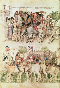 Fr 343 fol.8v Arthur og hans riddere begiver sig ud på jagten efter den hellige gral, fra Queste del Saint Graal, ca. 1380-85 af Italian School