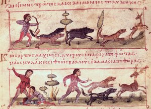 Ms Grec 479 Deer Hunting, illustration fra Cynegetica af Oppian (tempera på vellum) af Italian School