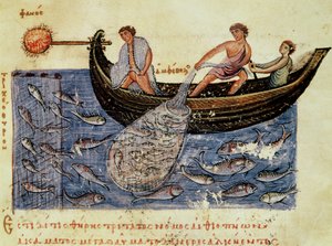 Ms Grec 479 Fishing with a Net, illustration fra Halieutica af Oppian (tempera på vellum) af Italian School