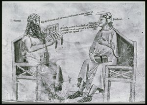 Ms Lat 6823 fol.2 Averroes (1126-98) i samtale med porfyr (c.232-c.305) (pen & blæk og vask på papir) af Italian School