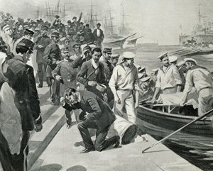 Mytteri på det russiske slagskib Potemkin, der går i land i havnen i Constanta i Rumænien, Illustration fra L