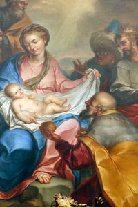 Julekrybbe. Tilbedelse af magi. Frisk. Santa Maria delle Vigne basilikaen. Genova. Italien. af Italian School