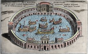 Naumachia, søkamp i et amfiteater i Rom. af Italian School