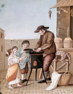 Napolitanske små metiers: sælgeren af kastanjer - (Gammel handel: kastanjesælger) Akvarel fra det 19. århundrede - Napoli Museo Nazionale di San Martino af Italian School