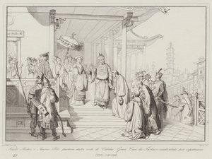 Nicolo Matteo og Marco Polo forlader retten i Cubilai Gran Can de Western Tartars for at repatriere af Italian School