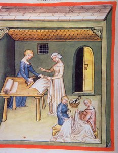 Nova 2644 fol.105v Skrædderbutikken: Tøj af linned, fra Tacuinum Sanitatis af Italian School