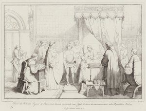 Obizzo da Polenta Signor di Ravenna forlader døende, hans søn Ostasio III anbefales til (gravering) af Italian School