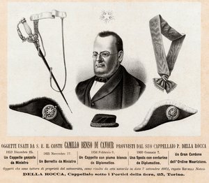 Genstande brugt af Camillo Benso conte di Cavour (1810-1861) - hatte og insignier af hans politiske og diplomatiske funktioner, med den store snor af Saint Maurice og Saint Lazarus orden (Ordine dei Santi Maurizio e Lazzaro) - Gravering 1800-tallet af Italian School