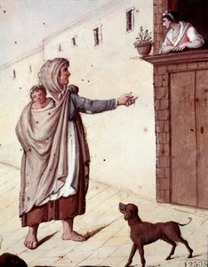 Gamle napolitanske metiers: en tigger og hendes barn i gaderne i Napoli - (Gamle napolitanske handler: en tigger) Akvarel fra det 19. århundrede - Napoli Museo Nazionale di San Martino af Italian School