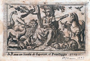 Orpheus leger blandt dyr. (træsnit af Italian School