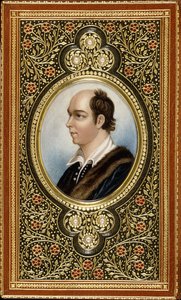 Oval miniature portrait of Oliver Goldsmith, framed with gilt trefoils set with three pearls, 1831dani af Italian School