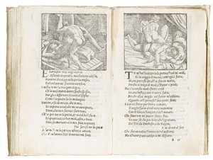 Side fra "Sonetti Lussuriosi" af Pietro Aretino, illustreret af Giulio Romano og indgraveret af Marcantonio Raimondi, udgivet Venedig, ca. 1527 af Italian School