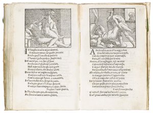 Side fra "Sonetti Lussuriosi" af Pietro Aretino, illustreret af Giulio Romano og indgraveret af Marcantonio Raimondi, udgivet Venedig, ca. 1527 af Italian School