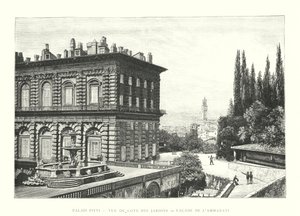Pitti Palace, Udsigt fra siden af ​​haverne, Facaden af ​​Ammanati (gravering) af Italian School