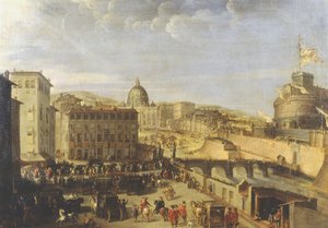 Pavelig procession ved SantAngelos bro af Italian School