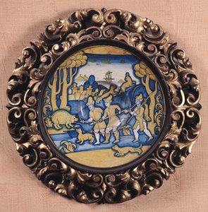 Tallerken dekoreret med en jagtscene, Deruta Workshop, ca. 1540-45 (maiolica) af Italian School