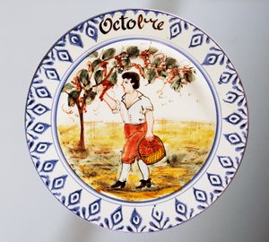 Tallerken med månedsmotiver, oktober, lertøj, Nove di Bassano-produktion, Veneto-regionen, Italien, 20. århundrede. af Italian School