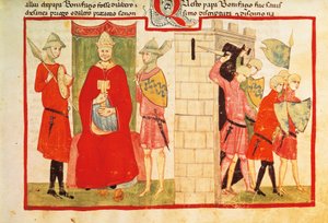 Pave Boniface VIII i Anagni og udvisningen af Sciarra Colonna (Giacomo Colonna) fra byen, miniature fra Giovanni Villanis krønike, manuskript Chigi L VIII 296 folio 176 recto, Italien 14. århundrede. af Italian School