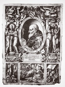 Pave Pius V, med vignetter fra slaget ved Lepanto, fra Vita del Gloriosissimo Papa Pio Quinto, pub. 1586 af Italian School