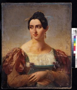 ""Portræt af en kvinde"" (Kvindeportræt) Ung kvinde af den italienske adel, klædt i en kjole med bånd på skuldrene. Maleri af den italienske skole fra begyndelsen af ​​1800-tallet. Pushkin Museum, Moskva af Italian School