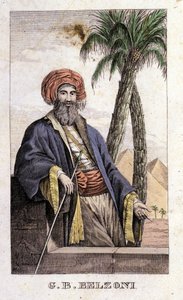 Portræt af Giovanni Battista (Gianbattista) Belzoni (1778-1823), italiensk opdagelsesrejsende og arkæolog, der gjorde vigtige arkæologiske opdagelser i Egypten. Gravering - i "" Rejsen til Egypten og Nubien "" af Belzoni, Milano af Italian School