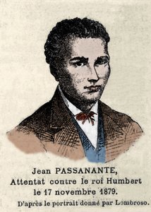 Portræt af Giovanni Passannante (1849-1910), der udførte angrebet på den italienske konge Umberto I (Humbert I) i Napoli i 1878 efter portrættet tegnet af Cesare Lombroso (1835-1909). Denne begivenhed inspirerede digteren Giovanni Pascoli (1855-1912) i en af Italian School