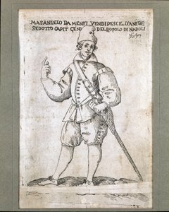 Portræt af den napolitanske fisker og revolutionære Masaniello (1623-1647) (Portræt af Masaniello, napolitansk fisker og leder af oprøret mod habsburgernes styre i Napoli i 1647) Indgravering af det 17. århundredes Museo Nazionale di San Martino Napoli af Italian School