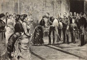 Dronning Margherita og Umberto I modtager kronprins af Tyskland (fremtidig Frederik III) i Quirinale, Rom, Italien, gravering fra tegning af Dante Paolocci, fra L