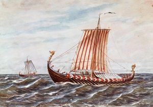 Rekonstruktion af vikingebåde fra det 10. århundrede (farve litho) af Italian School