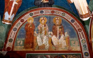 Repræsentation af Saint Stephen, kristen martyr, Saint Thomas Becket (1118-1170), ærkebiskop af Canterbury og Saint Nicholas af Myra eller Bari (270-345) Anonym fresco (13. århundrede) Nedre kirke. Klosteret Saint Benedetto (Sacro Speco), Subiaco (Rom af Italian School
