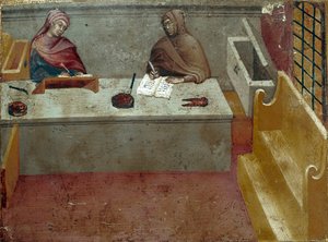 Repræsentation af en kamerlingvist, assistent for en afskriver Anonymt maleri på træ af en Biccherna (omslag af regnskabsregisteret for byen Siena) 1388. Siena Archivio di Stato, Italien af Italian School