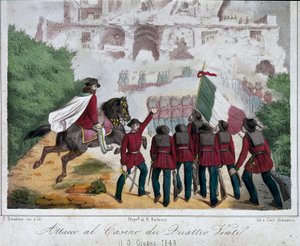 Risorgimento, Romersk Republik (Repubblica romana): soldaterne fra Giuseppe Garibaldis hær, til hest, forsøger at generobre villaen til Quattro Venti i Rom den 03/06/1849. Litografi Roms Nationalmuseum for Risorgimento af Italian School