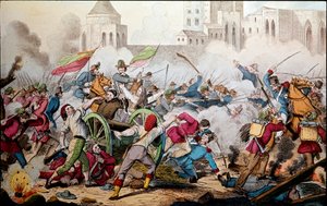 Risorgimento: Kampene i Palermo den 26. maj 1860. De tusindes ekspedition (røde skjorter). Giuseppe Garibaldi (1807-1882) mellem Palermo og folket i oprør sluttede sig til ham for at kæmpe mod soldaterne i Bourbon-kongeriget Napoli. Indgravering af det 19. af Italian School